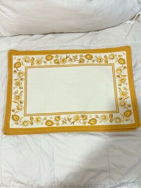 Longaberger Yellow Floral Border Table Placemat Reversible Cotton Set of 4